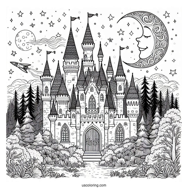 Magical Castle Coloring Page In The Forest With Starry Sky