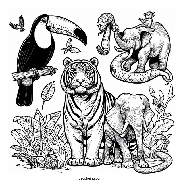 Realistic Toucan, Tiger, Snake, Gorilla, Elephant, And Monkey In Jungle Coloring Page