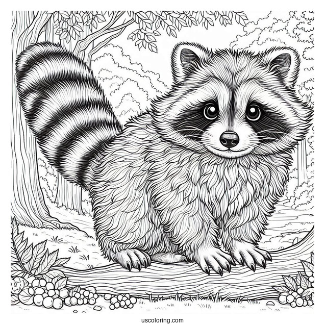 Detailed Furry Raccoon Coloring Page In A Forest