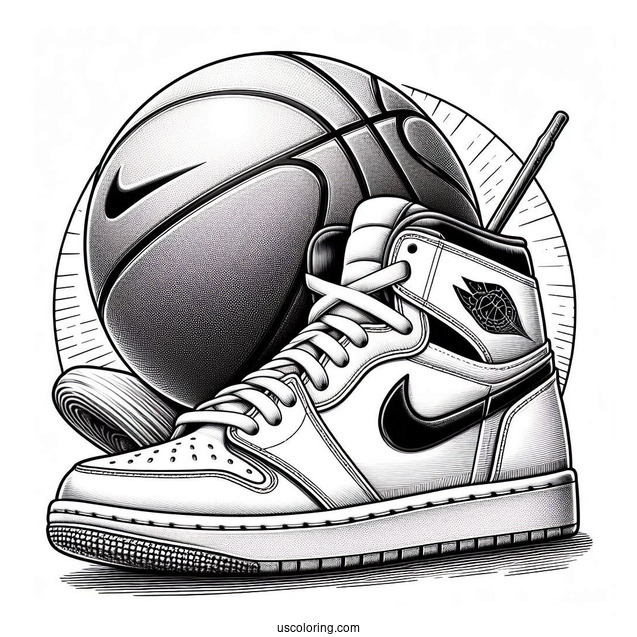 Nike Coloring Page Of Realistic Air Jordan With Basketball In Background