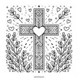 Cross Coloring Page With Love Heart For Preschoolers
