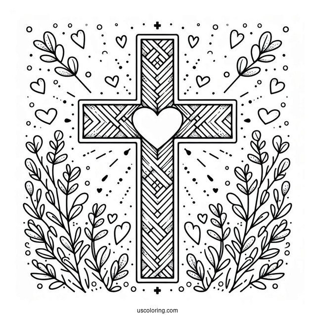 Cross Coloring Page With Love Heart For Preschoolers