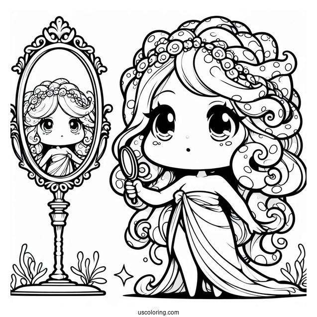 Chibi Medusa Coloring Page Holding Mirror For Kids