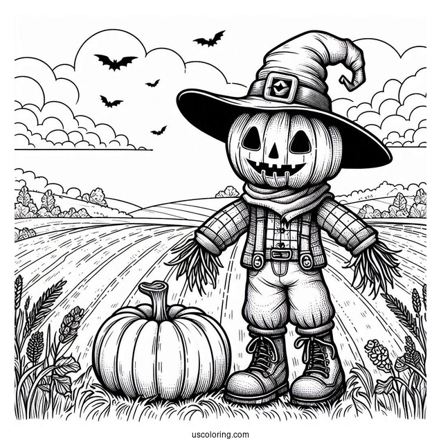 Pumpkin Head Scarecrow Coloring Page On A Vast Field