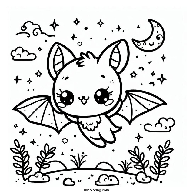 Kawaii Bat Coloring Page Flying For Preschoolers