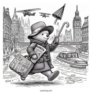 Paddington Coloring Page Rushing In London With His Newspaper, Umbrella, And Suitcase