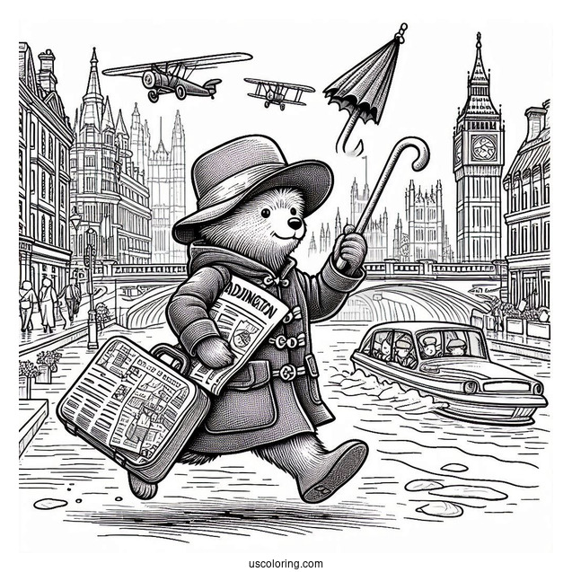 Paddington Coloring Page Rushing In London With His Newspaper, Umbrella, And Suitcase