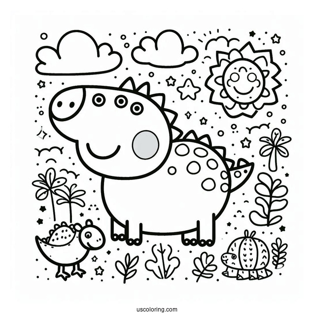 Dinosaur Themed Peppa Pig Coloring Page