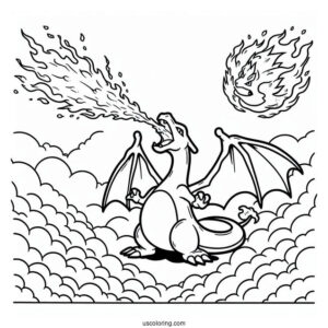 Coloring Page Of Charizard Breathing Fire In The Sky