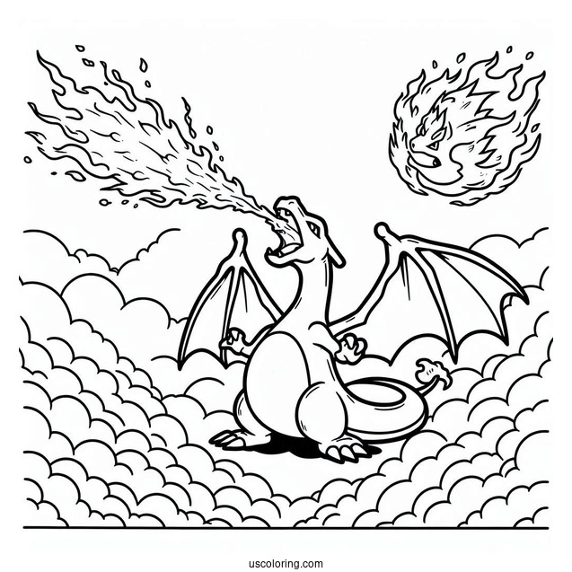 Coloring Page Of Charizard Breathing Fire In The Sky