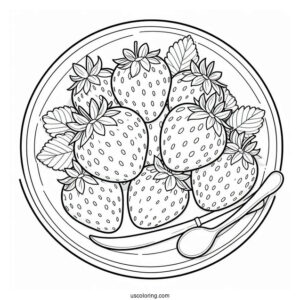 Pretty Strawberry Coloring Page On A Plate For Kids