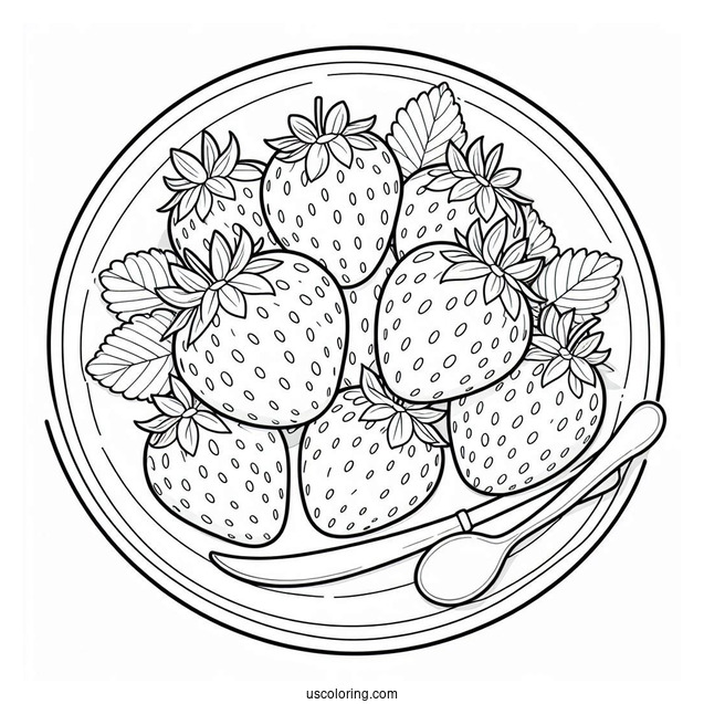 Pretty Strawberry Coloring Page On A Plate For Kids
