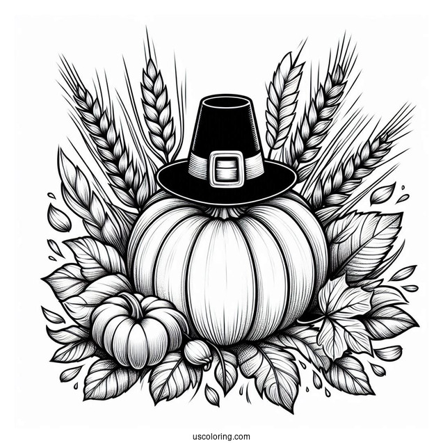 Pumpkin Coloring Page With Pilgrim's Hat, Fall Leaves, And Wheat