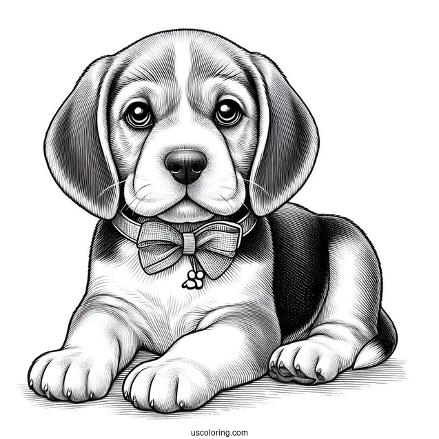 Coloring Page Of Realistic Beagle Puppy With Collar