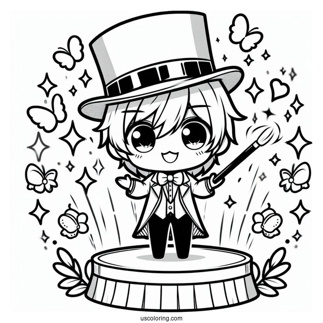 Chibi Coloring Page Stage Magician Wowing the Crowd with Magic Tricks