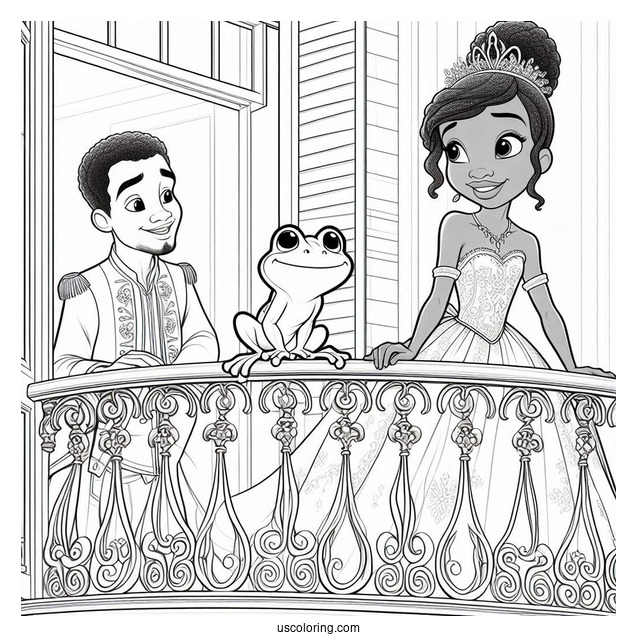 Tiana, Ray, And Frog Prince Naveen On Balcony Coloring In