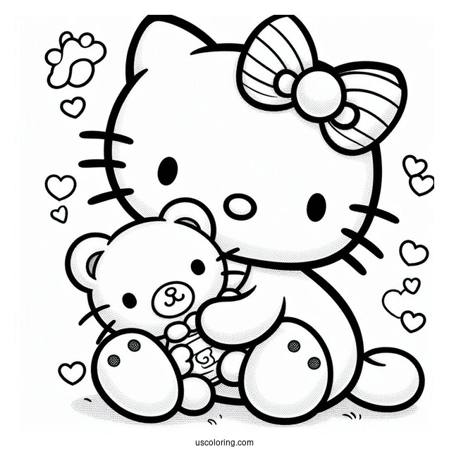 Coloring Page Of Hello Kitty Hugging Teddy Bear