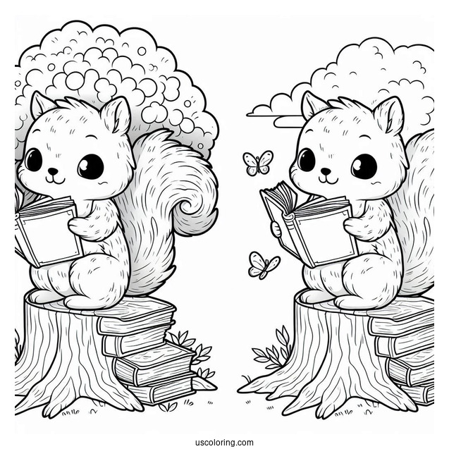 Cute Squirrel Coloring Page Reading Book On Top Of Tree