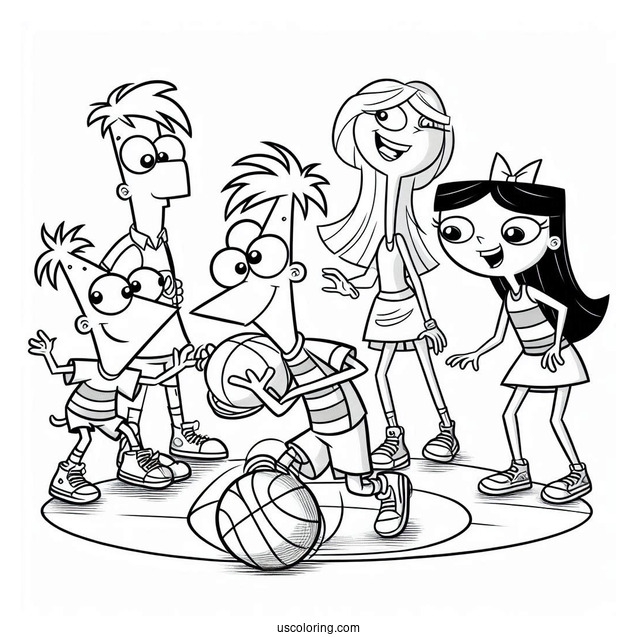 Phineas And Ferb Coloring Page Playing Basketball With Buford, Isabella, Baljeet, Candace, And Perry