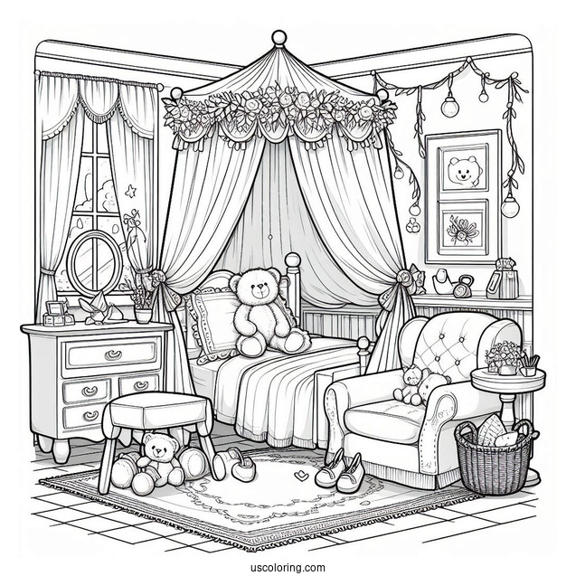 Quaint Bedroom Coloring Page With Canopy, Armchair, And Stuffed Toys