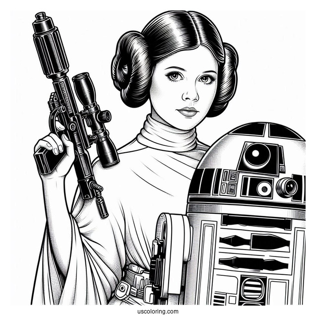Princess Leia Holding Blaster And R2-D2 Coloring Page