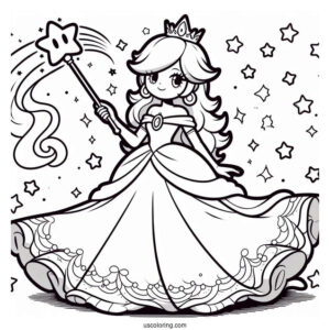 Rosalina Coloring Page Wearing Long Gown And Holding Wand With Luma