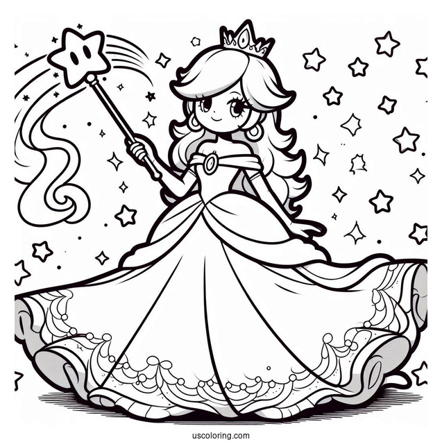 Rosalina Coloring Page Wearing Long Gown And Holding Wand With Luma