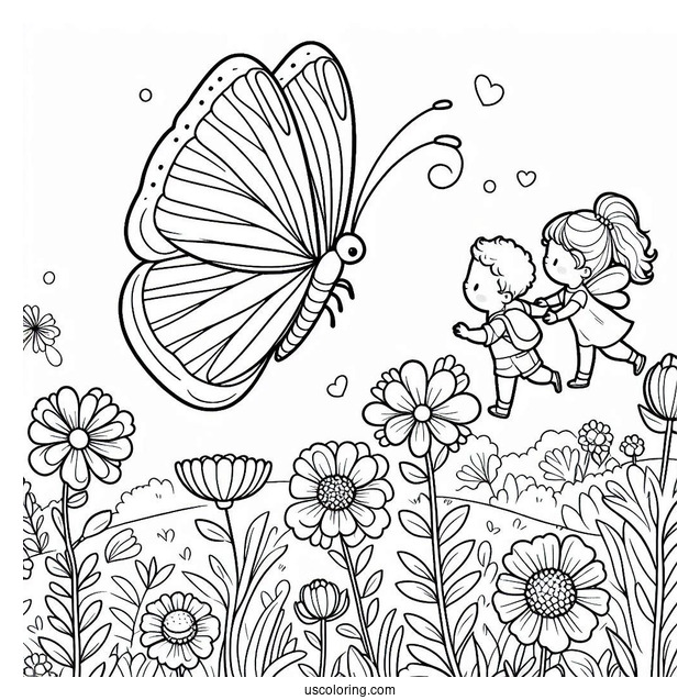 A Butterfly Hovering Over A Field Of Flowers With Two Children