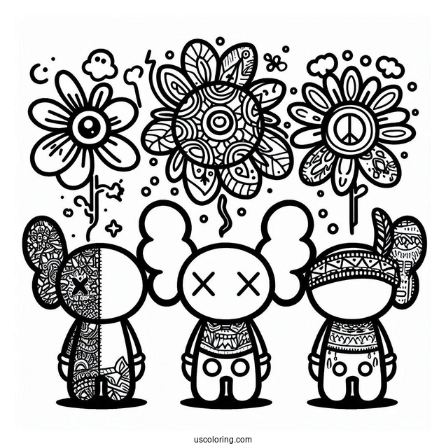 Dissected KAWS Coloring Page Companion With Hippie Elements