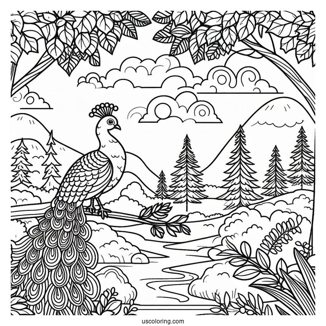 Majestic Peacock Coloring Page in Forest Landscape with Trees and Clouds