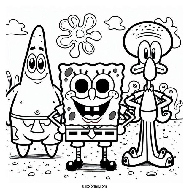 SpongeBob With Patrik, Squidward And Sandy To Color