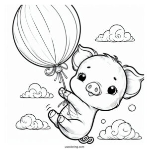Piglet Coloring Page In The Air Clinging To A Balloon