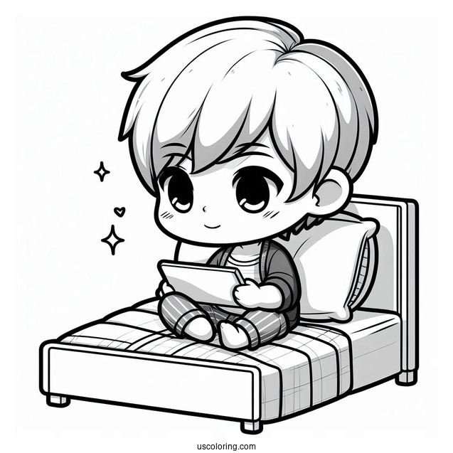 Chibi Little Boy Playing With His Tablet On His Bed