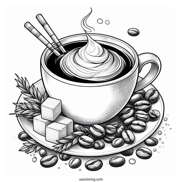 Realistic Cup Of Coffee Coloring Pages With Maracon, Sugar Cubes, And Beans
