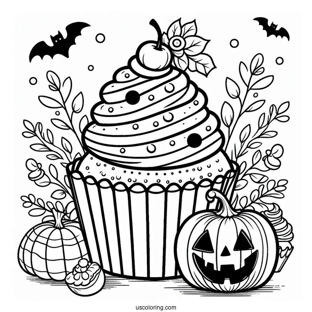 Coloring Page Of Halloween Cupcake With Jack O Lantern