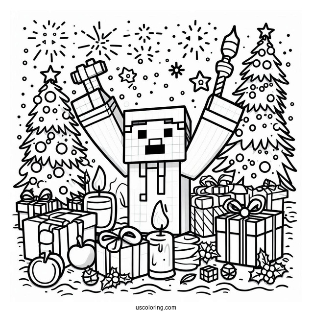 New Year Coloring Page Of Minecraft Steve Celebrating For Kids
