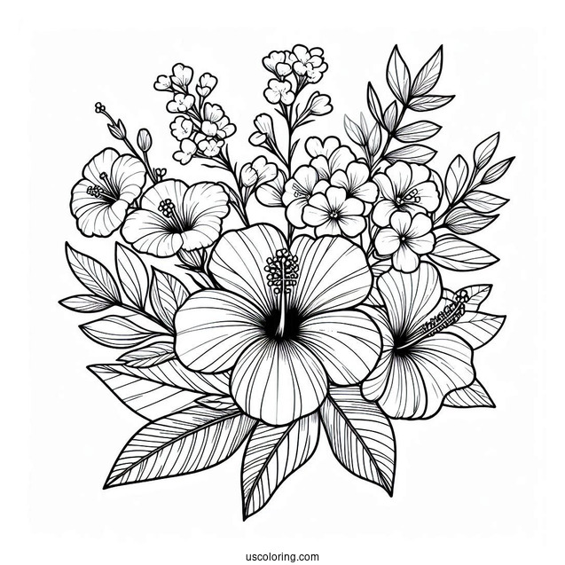 Flower Coloring Pages Of Small Bouquet Of Hibiscus, Lilies, And Wildflowers