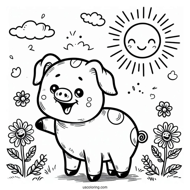 Cute Smiling Pig With a Big Sun