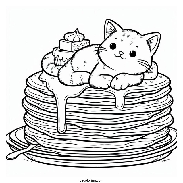 Cat Resting On Top Of Pancake Coloring Page Tower With Melting Butter For Preschoolers