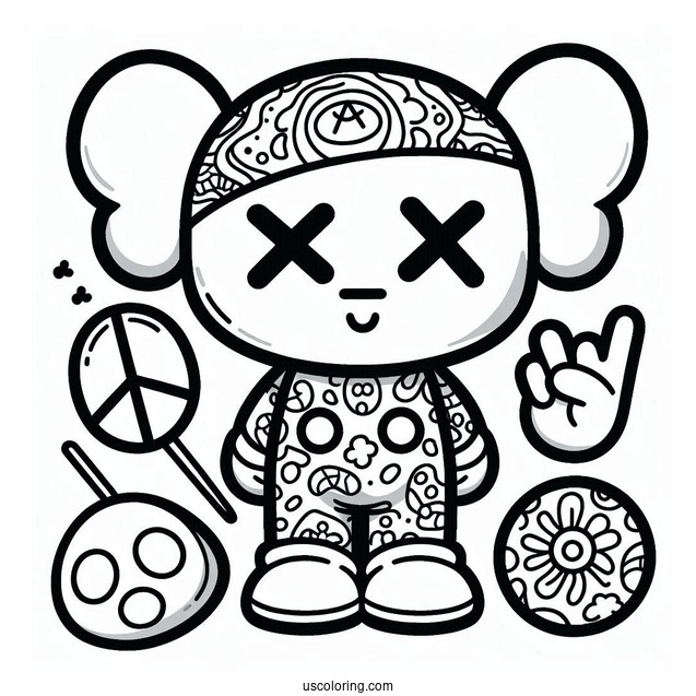 Dissected KAWS Coloring Page Companion With Hippie Elements