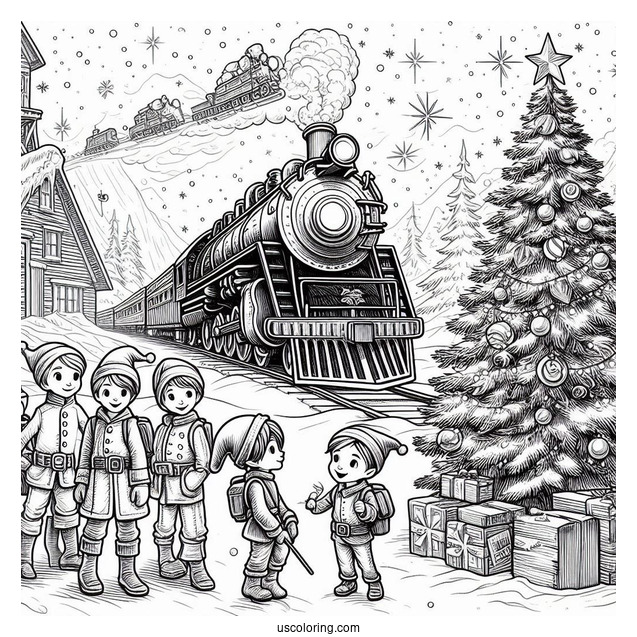 Polar Express Coloring Page Of Hero Boy, Hero Girl, And Lonely Boy With The Elves Around A Christmas Tree