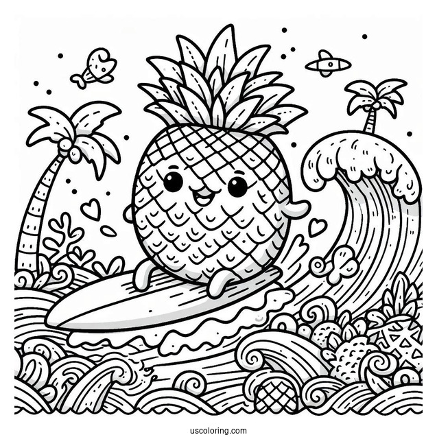 Surfing Pineapple Coloring Page Riding a Giant Wave For Kids