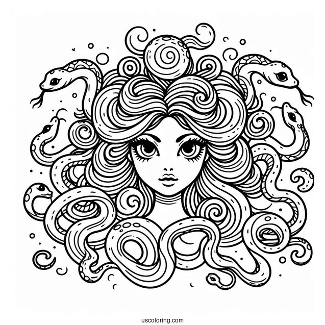 Pretty Medusa Coloring Page With Detailed Snakes