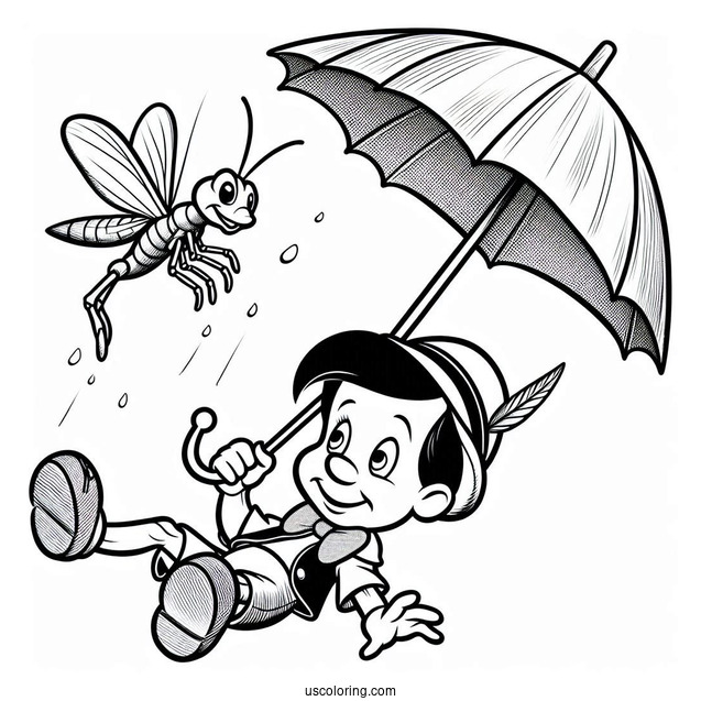 Pinocchio Coloring Page Of Jiminy Cricket Floating Down Using Umbrella