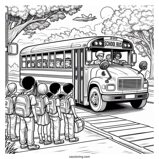 School Bus Picking Up Students At Bus Stop