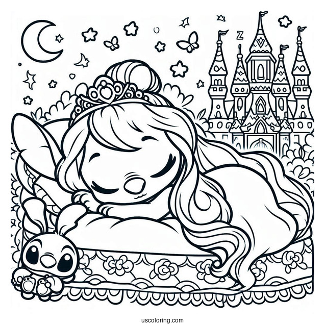 Sleeping Beauty Coloring Page Of Kawaii Stitch As Princess Aurora For Preschoolers