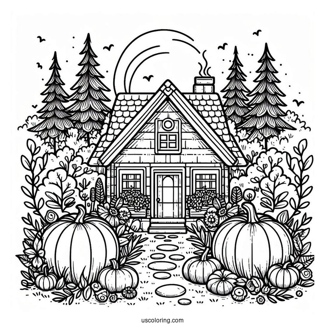 Cottagecore Pumpkin Coloring Page House In The Forest