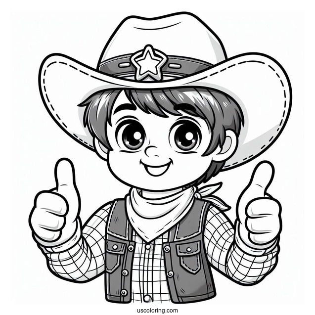 Cute Cowboy Coloring Page Giving A Thumbs Up For Preschoolers