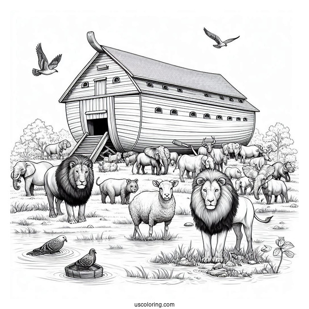 Noah's Ark Coloring Page Of Realistic Animals Outside The Ark After The Flood