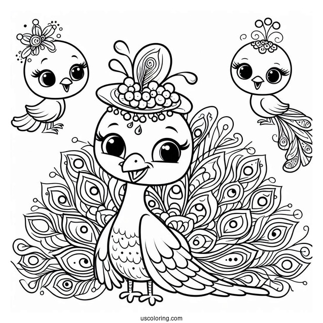 Smiling Cartoon Peacock Coloring Sheet